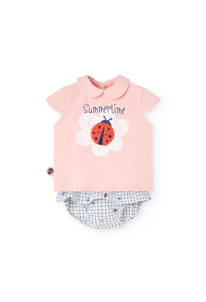 Completo coordinato in maglia per bambina in rosa con stampa di coccinella.