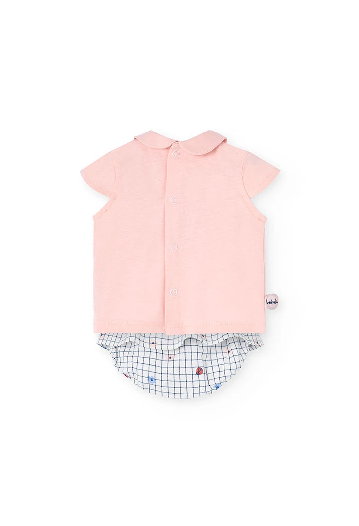 Completo coordinato in maglia per bambina in rosa con stampa di coccinella.