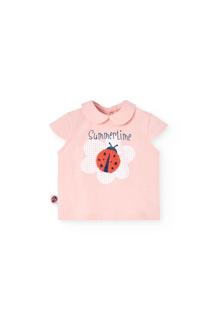 Completo coordinato in maglia per bambina in rosa con stampa di coccinella.