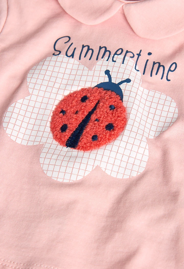 Completo coordinato in maglia per bambina in rosa con stampa di coccinella.