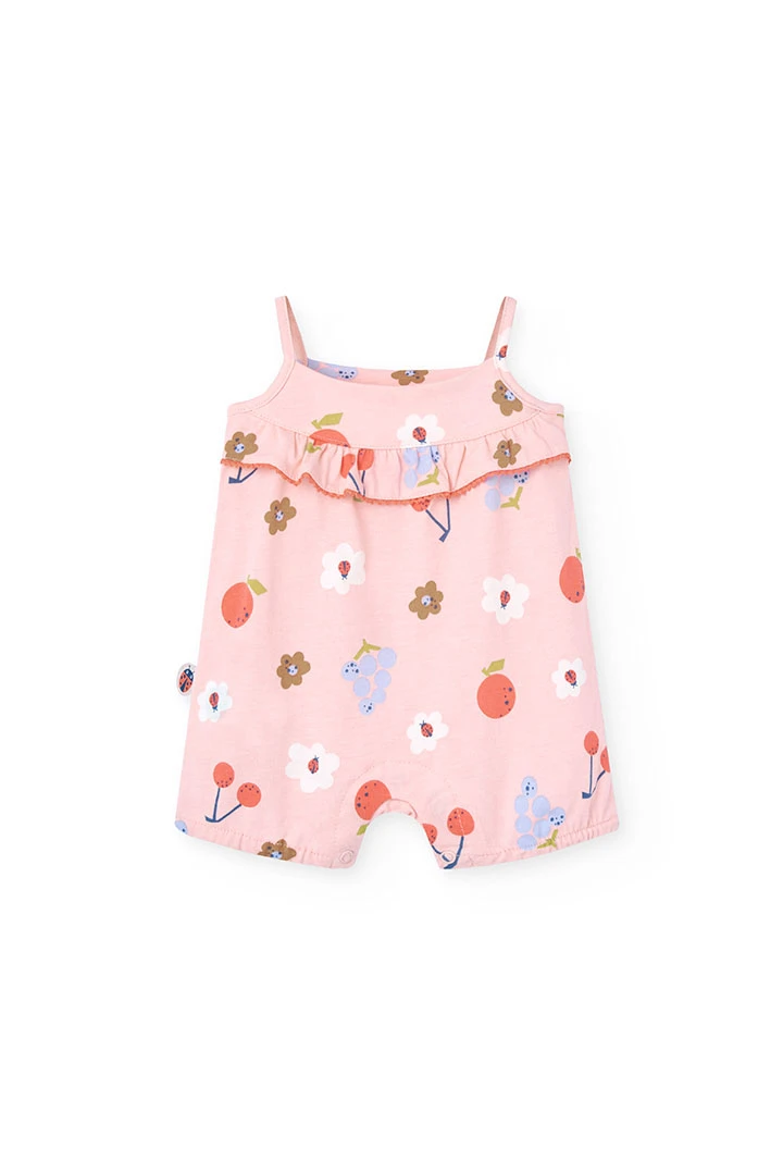 Knitted romper for baby girl with floral print in pink colour