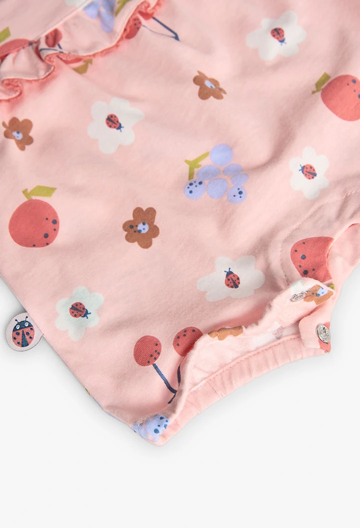 Babygrow de malha para bebé menina com estampado de flores em cor rosa.