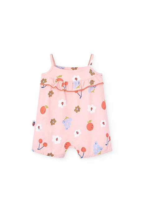 Knitted romper for baby girl with floral print in pink colour