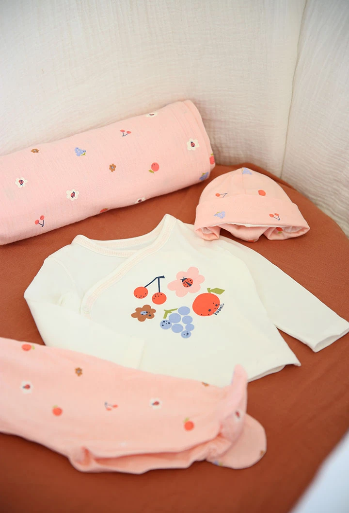 Conjunto de malha para bebé menina em branco e rosa