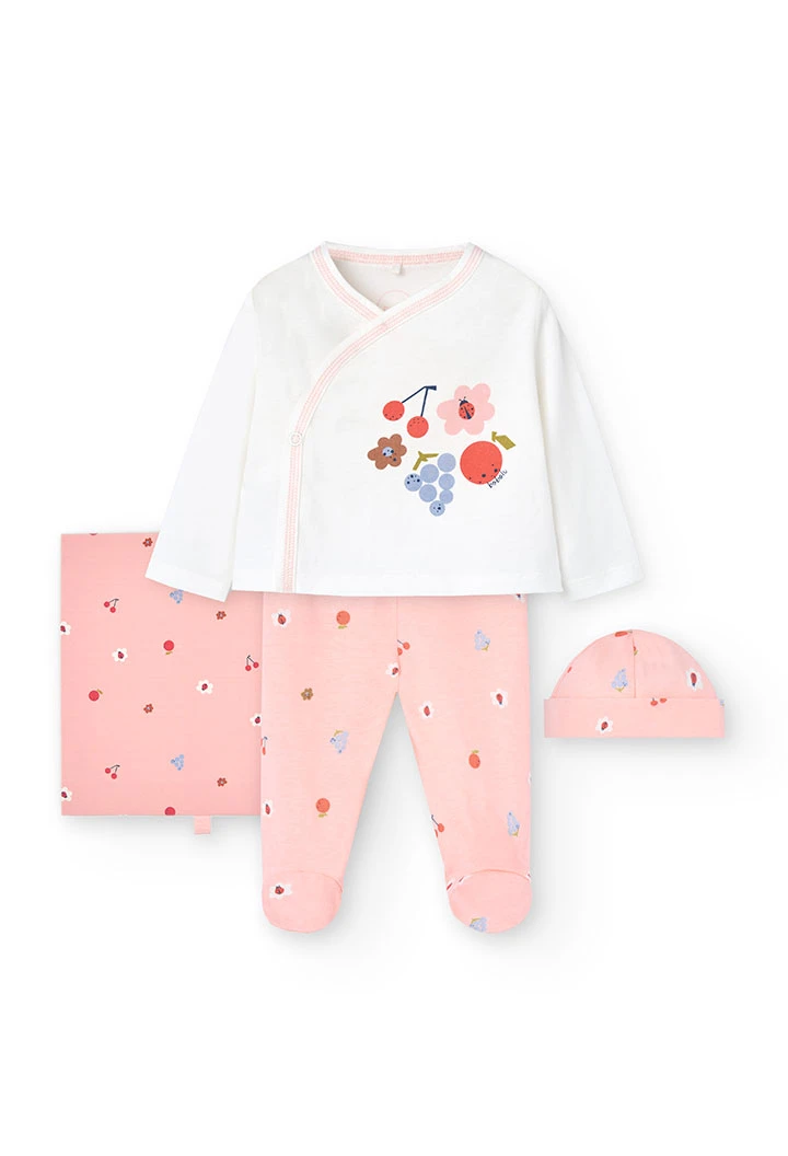 Conjunto de punto para bebé niña en color blanco y rosa