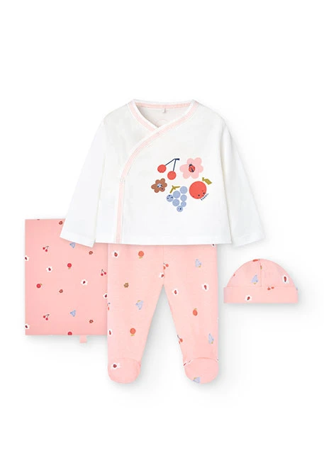 Conjunto de malha para bebé menina em branco e rosa