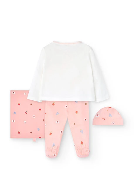 Conjunto de malha para bebé menina em branco e rosa