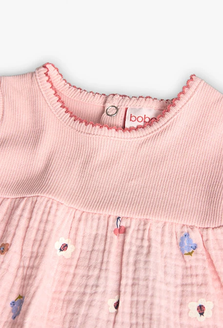 Knitted dress for baby girl in pink with floral print