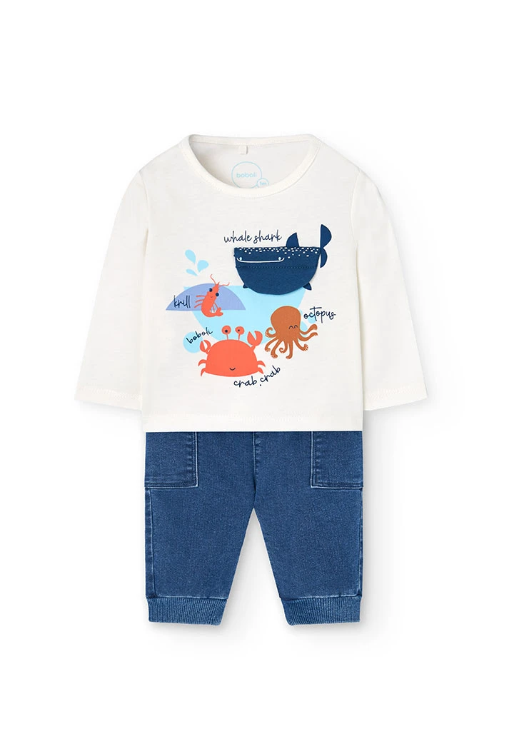 Baby boy knit outfit with white T-shirt and blue trousers