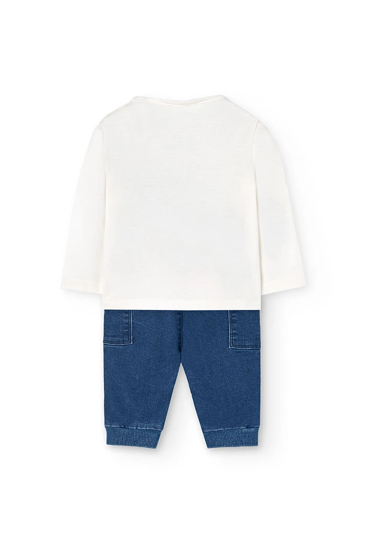 Baby boy knit outfit with white T-shirt and blue trousers