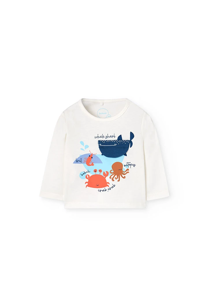 Conjunto de malha de camiseta para bebé menino em cor branca e calças em azul