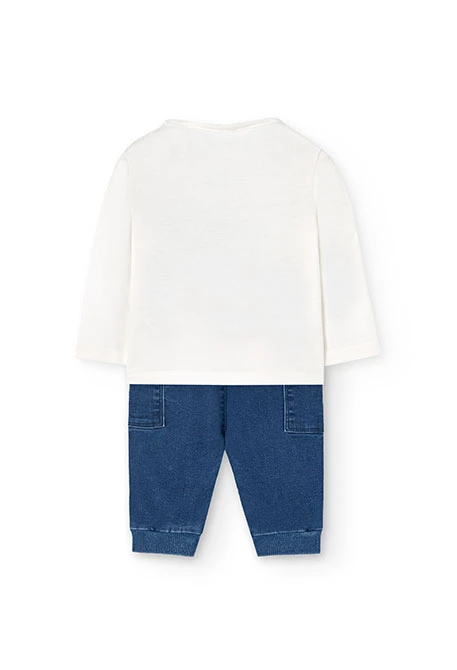 Baby boy knit outfit with white T-shirt and blue trousers