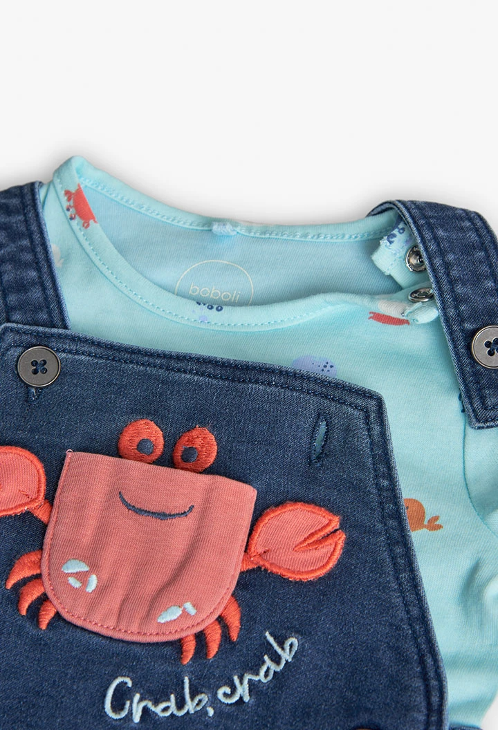 Baby boy knitted t-shirt set in aqua colour with crab print