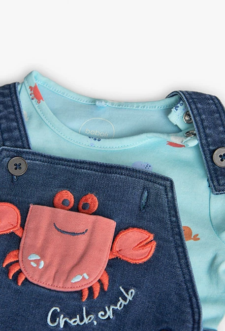 Baby boy knitted t-shirt set in aqua colour with crab print