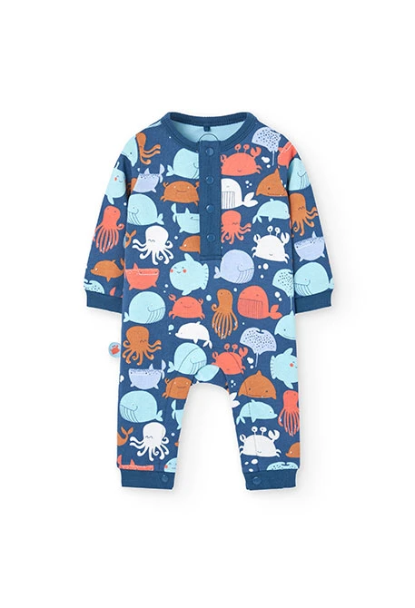 Knitted romper for baby boy in blue with a print