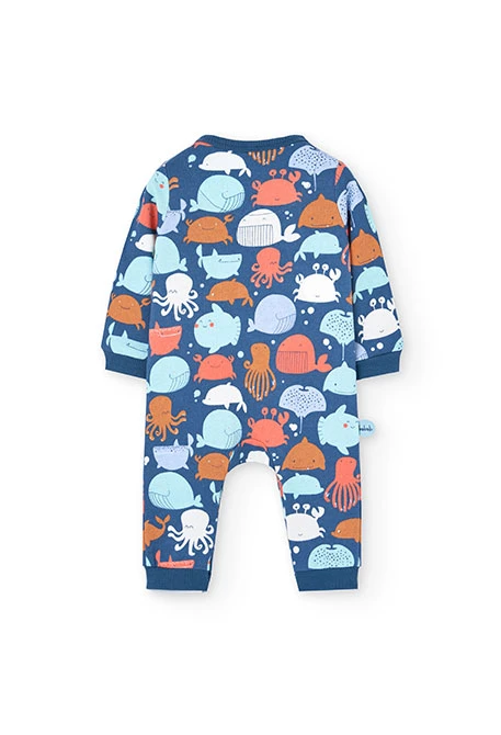 Knitted romper for baby boy in blue with a print