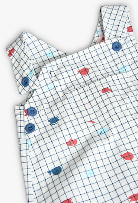 Baby boy poplin dungarees in white with blue and red check print