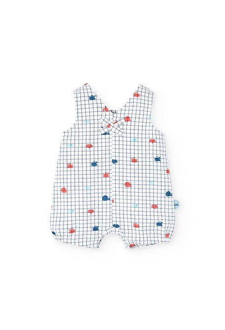 Salopette en popeline pour bébé garçon de couleur blanche avec un imprimé de carreaux bleus et rouges