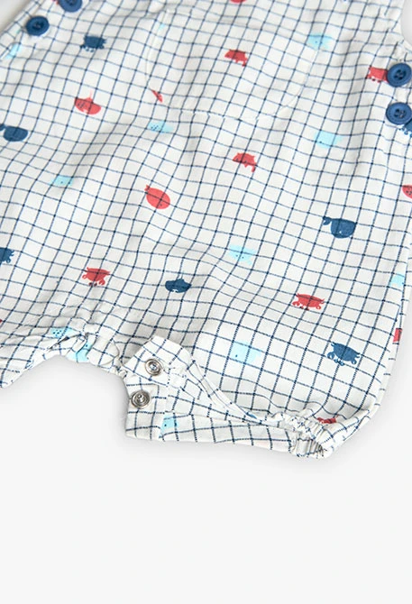 Baby boy poplin dungarees in white with blue and red check print