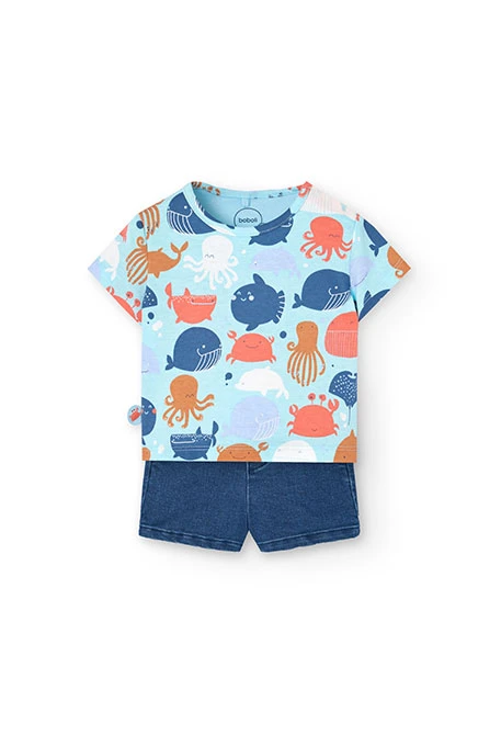 Conjunto de t-shirt de malha para bebé menino em azul com estampado