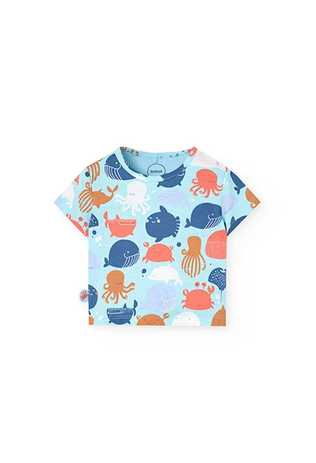 Conjunto de t-shirt de malha para bebé menino em azul com estampado