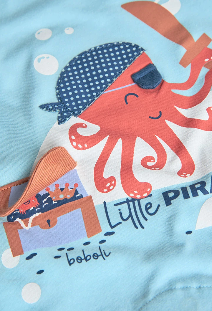 Short knitted romper for baby boy in blue with pirate octopus print