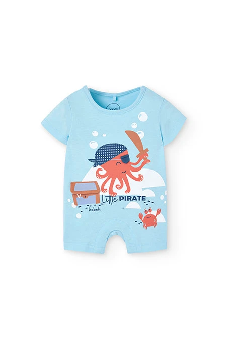 Pagliaccetto corto in maglia per neonato in colore blu con stampa di polpo pirata.
