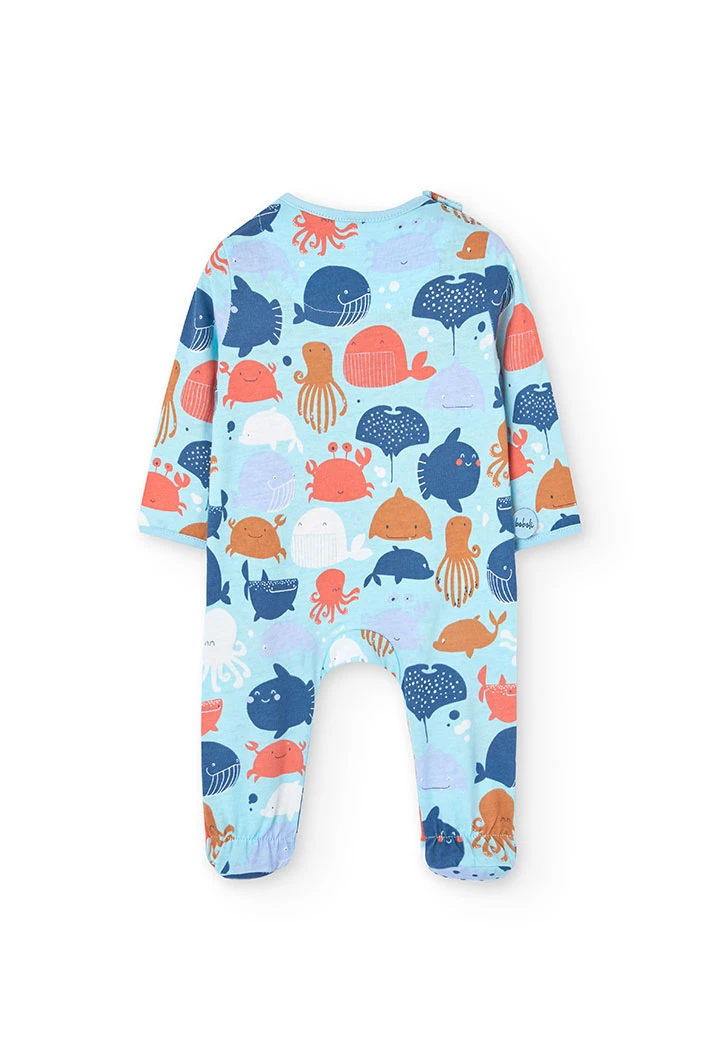 Babygrow de malha para bebé menino em azul com estampado de motivos marítimos.