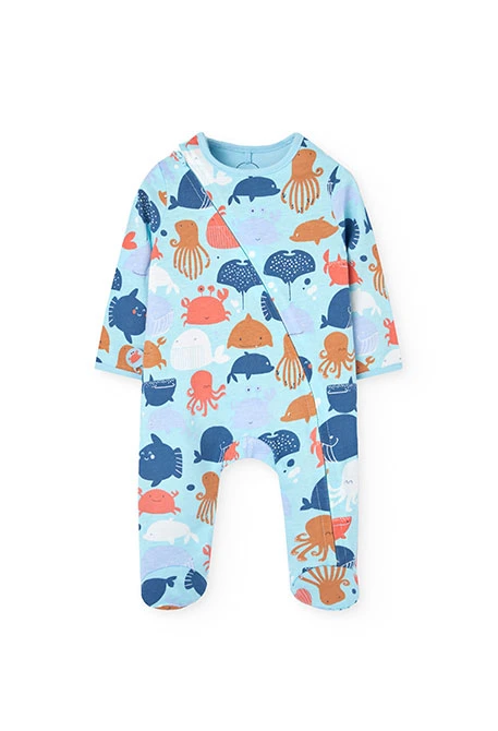 Babygrow de malha para bebé menino em azul com estampado de motivos marítimos.