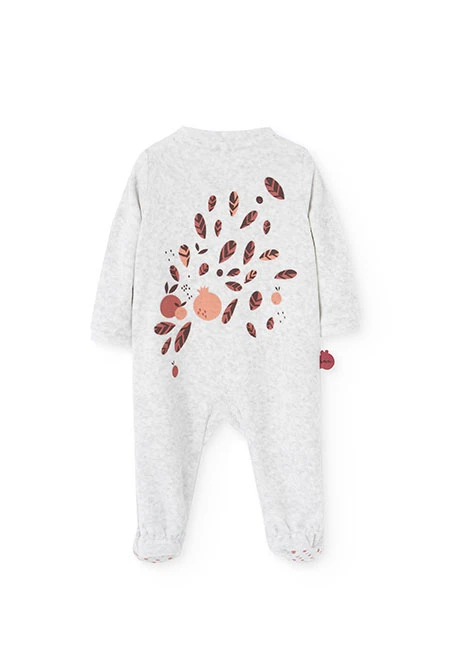 Grey velvet baby sleepsuit with animals