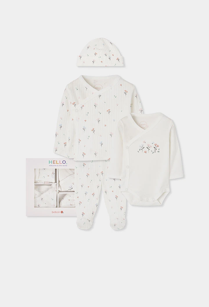 Babystrickset Mädchen weiß Blumendruck