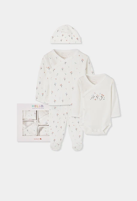 Babystrickset Mädchen weiß Blumendruck