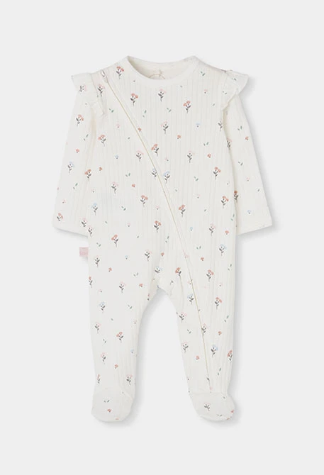 Babystrampler ecru mit Blumendruck und Rüschen