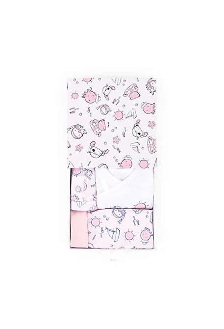 Pack estampado em rosa com caixa de presente de bebé