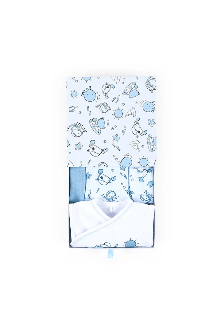 Pack à motifs bleu bébé avec boîte cadeau bébé