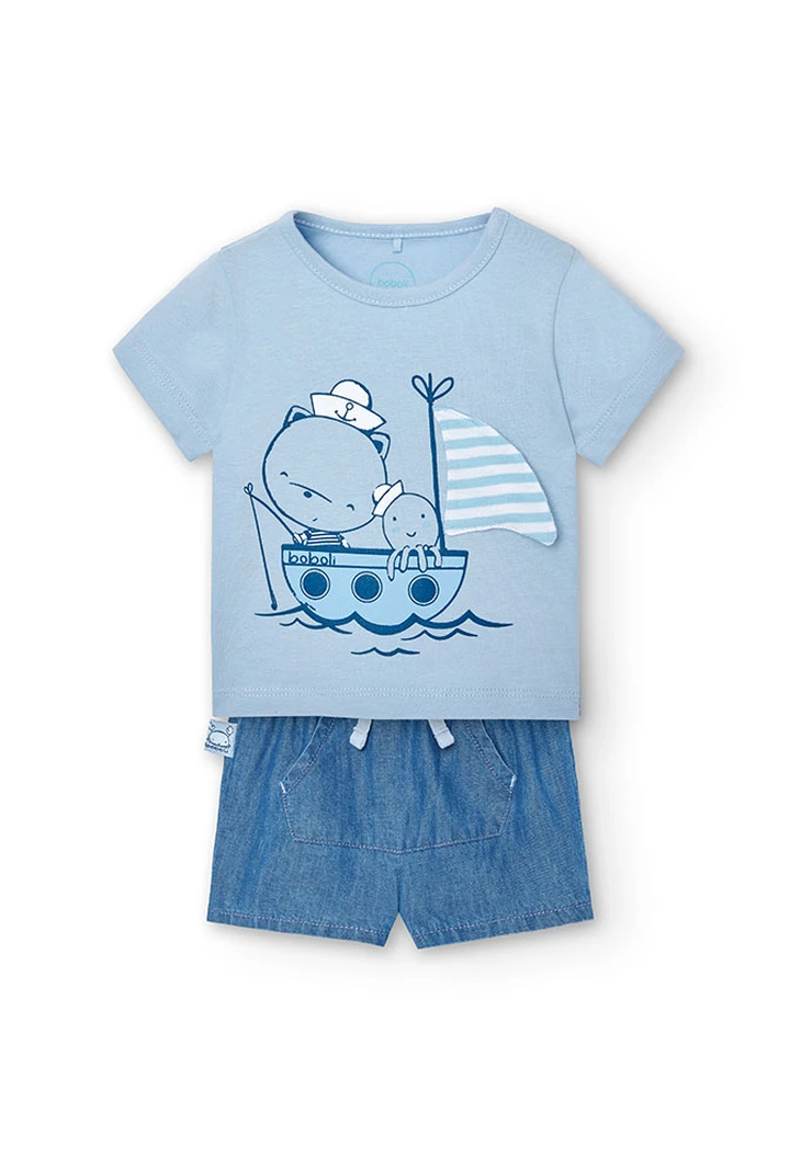 Pack bébé garçon bleu ciel en maille combinée