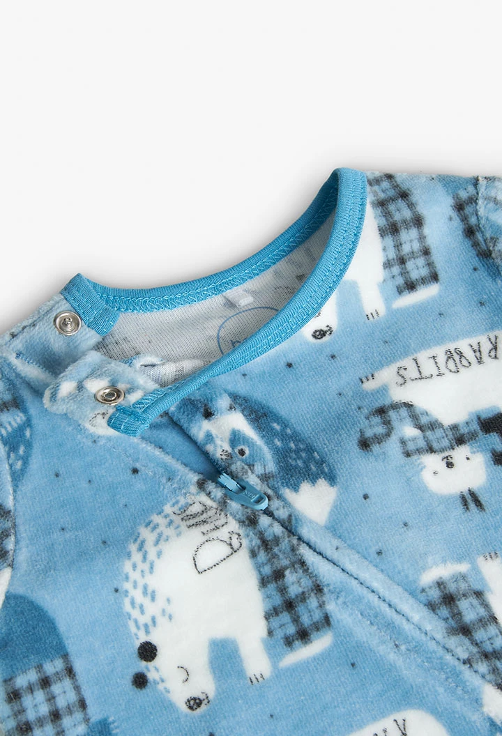 Velvet baby jumpsuit with light blue print