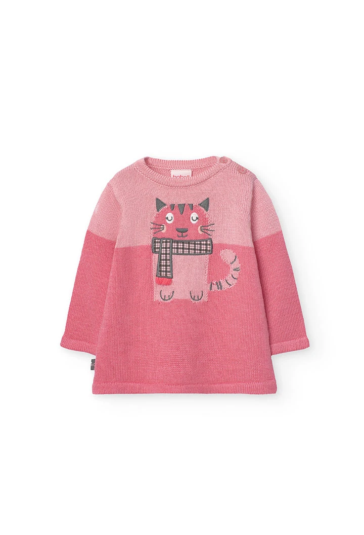 Knitted dress for baby girl in pink with print