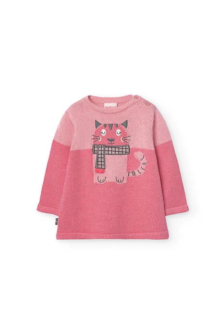 Knitted dress for baby girl in pink with print