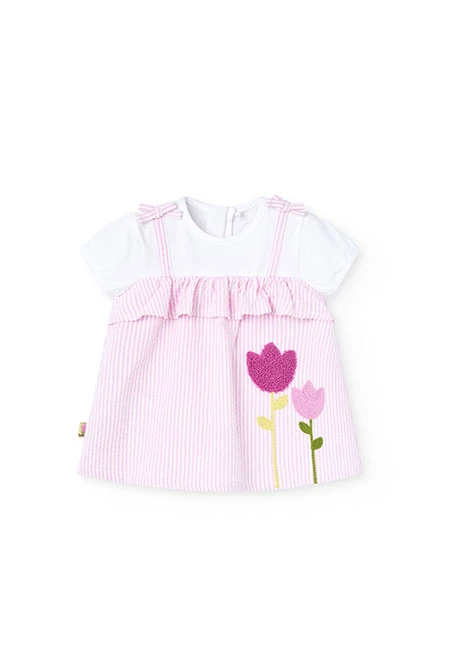 Mädchen-Babykleid aus gestreiftem Popeline in Rosa und Weiß