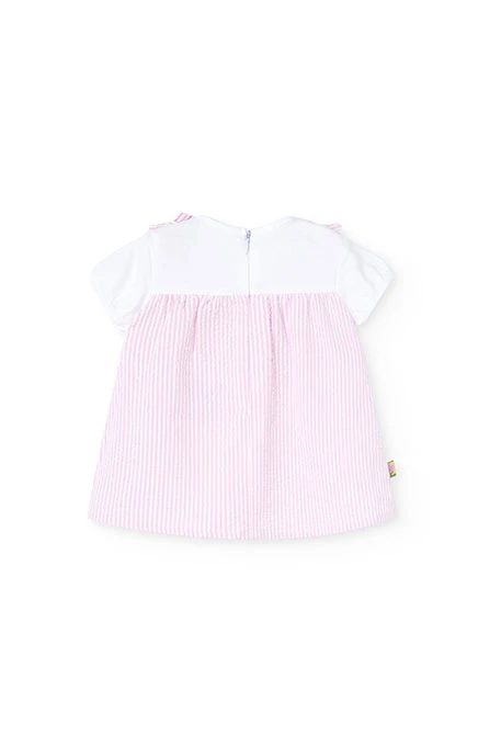 Mädchen-Babykleid aus gestreiftem Popeline in Rosa und Weiß