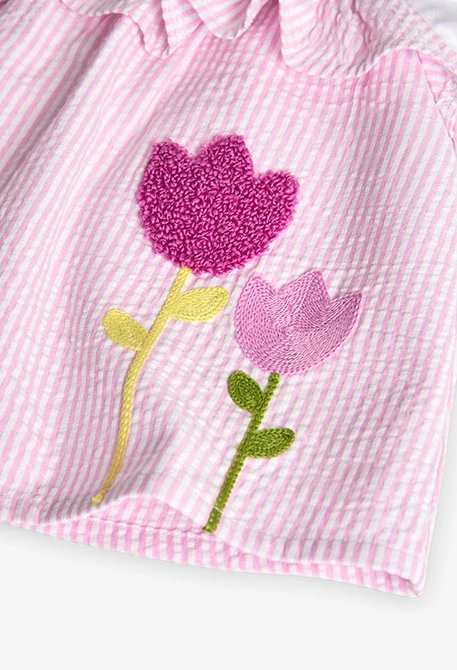 Vestido de popelín de bebé niña listado en color rosa y blanco