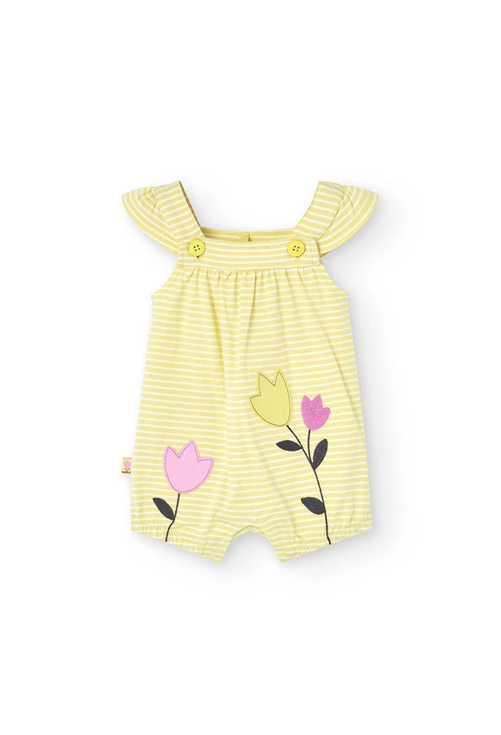 Pagliaccetto in maglia per bambina in colore giallo a righe con motivo floreale.
