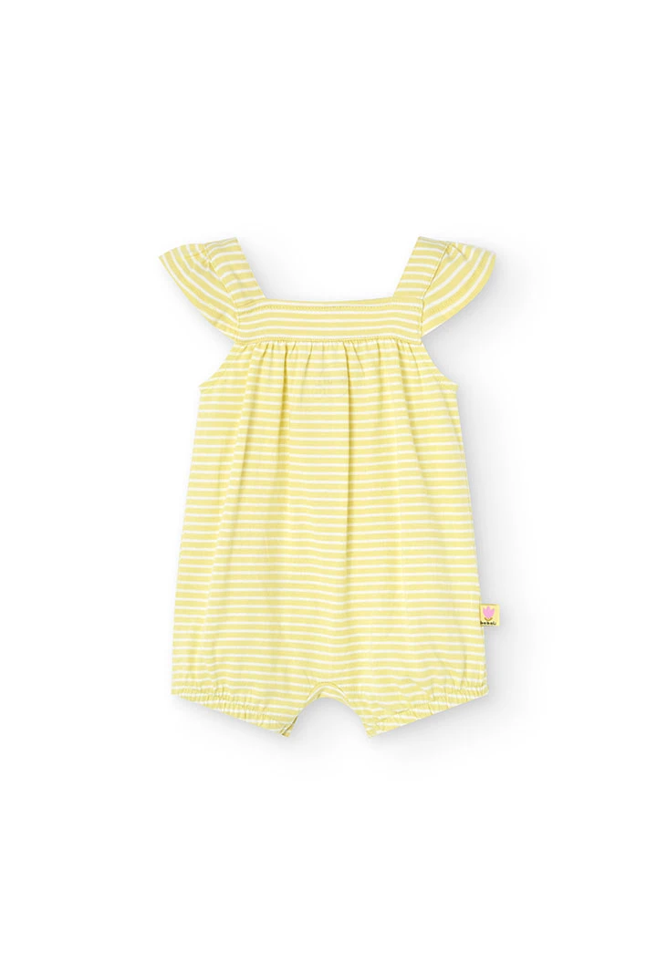 Pagliaccetto in maglia per bambina in colore giallo a righe con motivo floreale.
