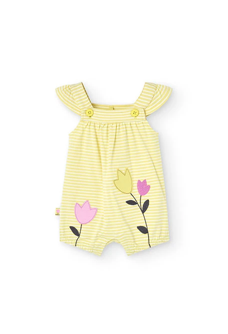 Pagliaccetto in maglia per bambina in colore giallo a righe con motivo floreale.