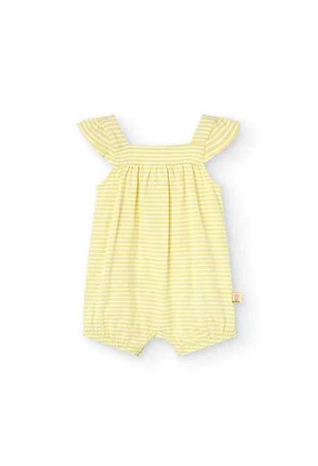 Macacão tricotado para bebé menina em amarelo listado com design de flores.