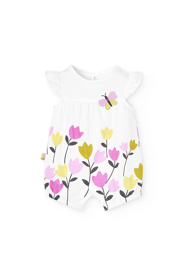 Pagliaccetto in maglia per bambina con stampa floreale in bianco.