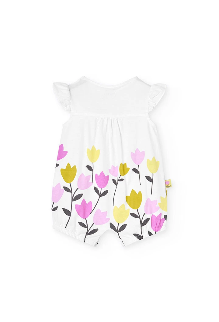 Pagliaccetto in maglia per bambina con stampa floreale in bianco.