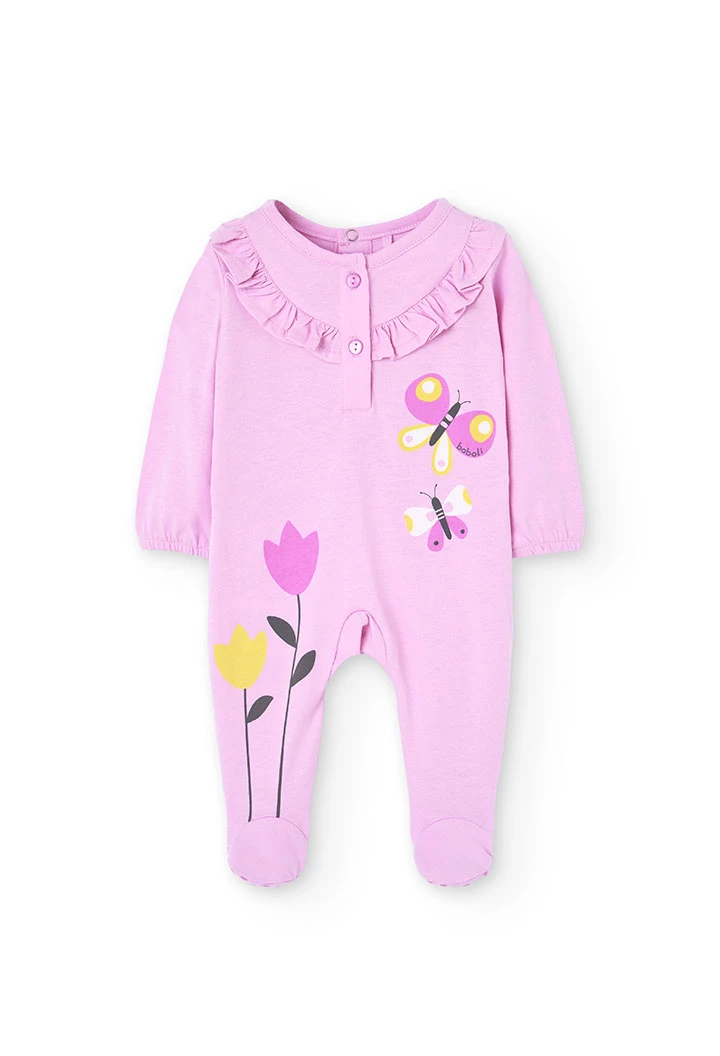 Pelele in maglia per neonata di colore rosa con stampa di farfalle e fiori.