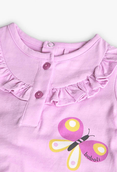 Pelele in maglia per neonata di colore rosa con stampa di farfalle e fiori.